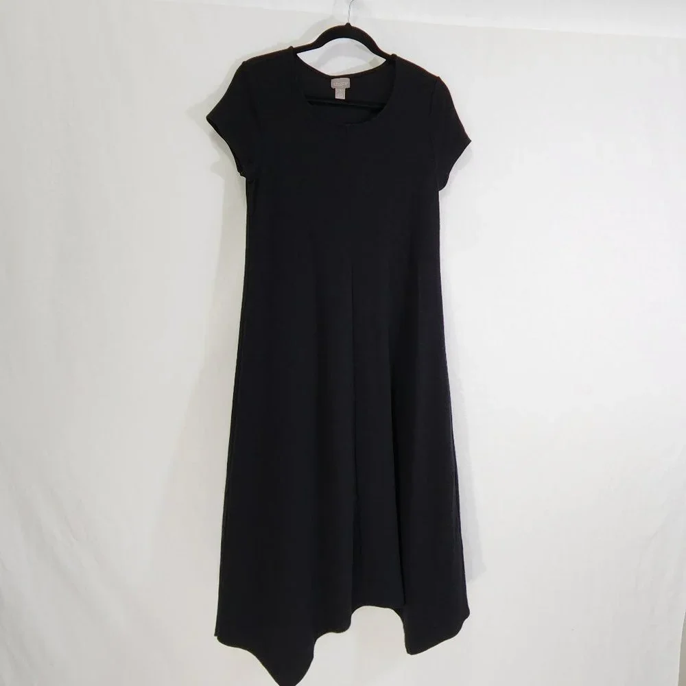 CHICO'S Black Seamed Tee Mixi Dress with Asymmetrical Hem Size 1 (8/M) LIKE NEW - Picture 1 of 16